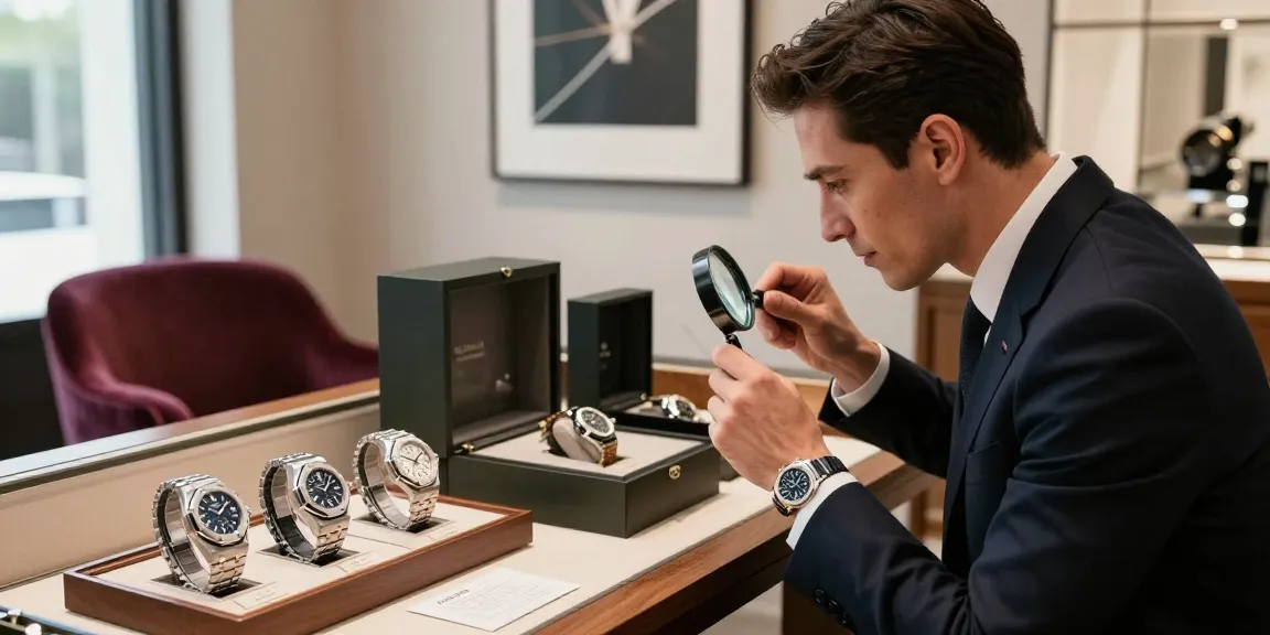 Admiring clone watches in a luxury boutique with elegant lighting and detailed craftsmanship.