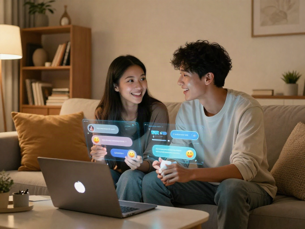 Engaging ai sex chat in a cozy virtual living room setting with interactive holographic displays.