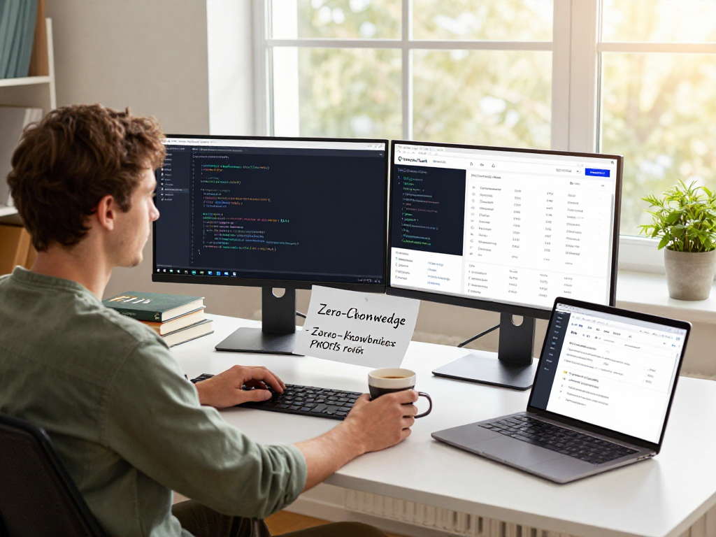 Tornardocash developer reviewing smart contracts at a modern workspace with a blockchain analytics dashboard.